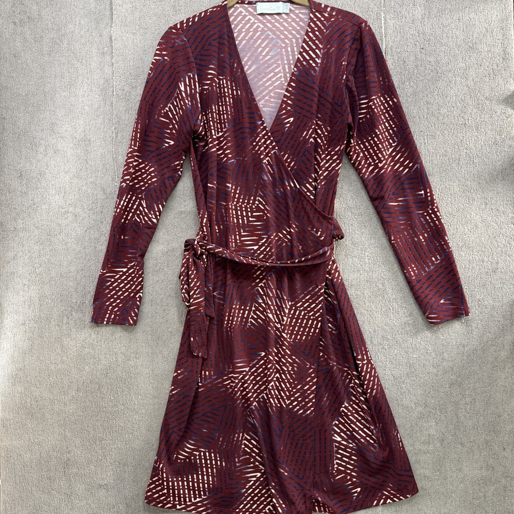 Veronica M Abstract Print V Neck Belted Dress Maroon Blue‎ Boho Midi Medium